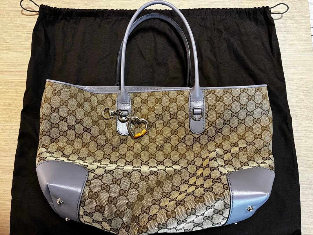 Gucci Tote Bag Beige Gray Canvas Leather Heart Charm Authentic Ladies Fashion thumbnail 4