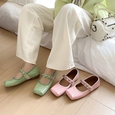 French Leather Shoes Square Toe Rivet Mary Jane Patent Leather Pink Ballet Shoes