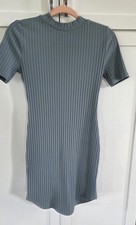 Forever 21 Ribbed Bodycon Dress Large Blue Gray Mock Neck Short Sleeve Mini