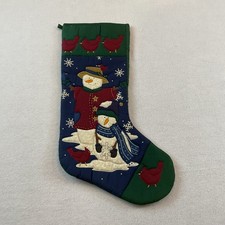 Christmas Stocking Snowman Cardinals Birds Quilted Blue Green Stick Arms