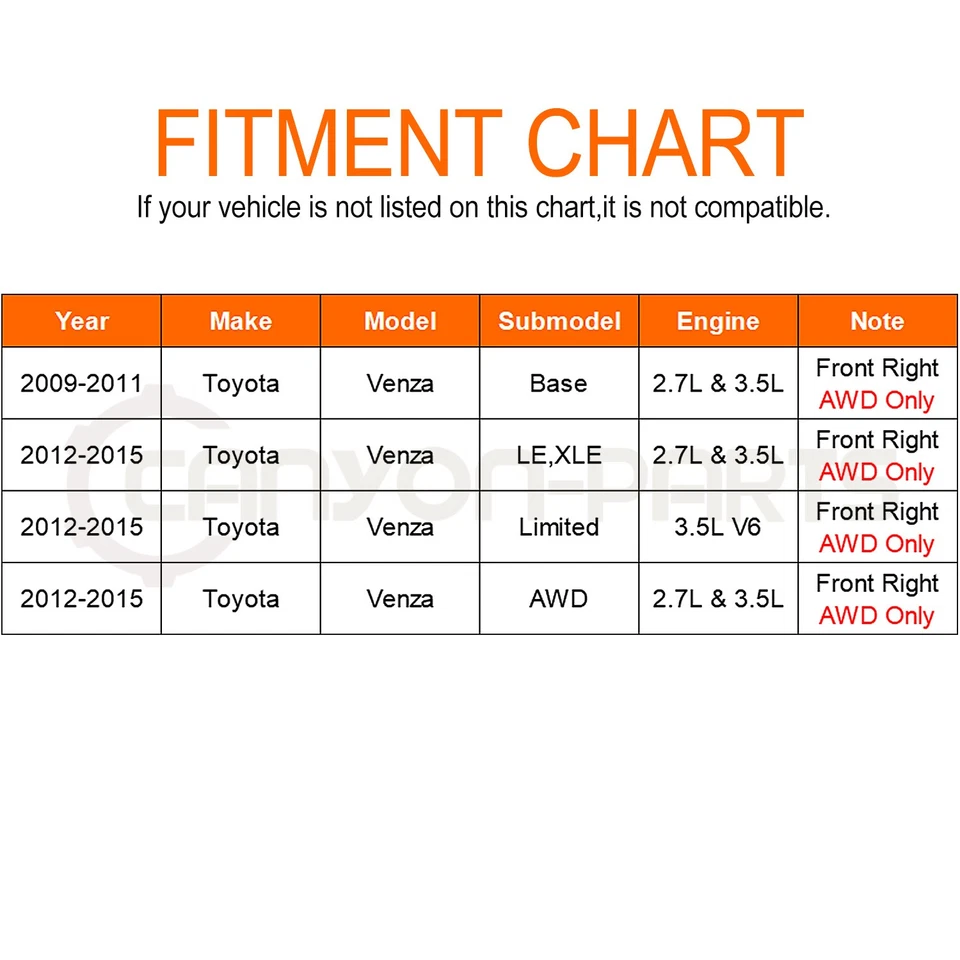 Conjunto de eje CV delantero derecho para Toyota Venza 2009-2015 AWD 2,7 L 3,5 L V6 Foto 2 de 4