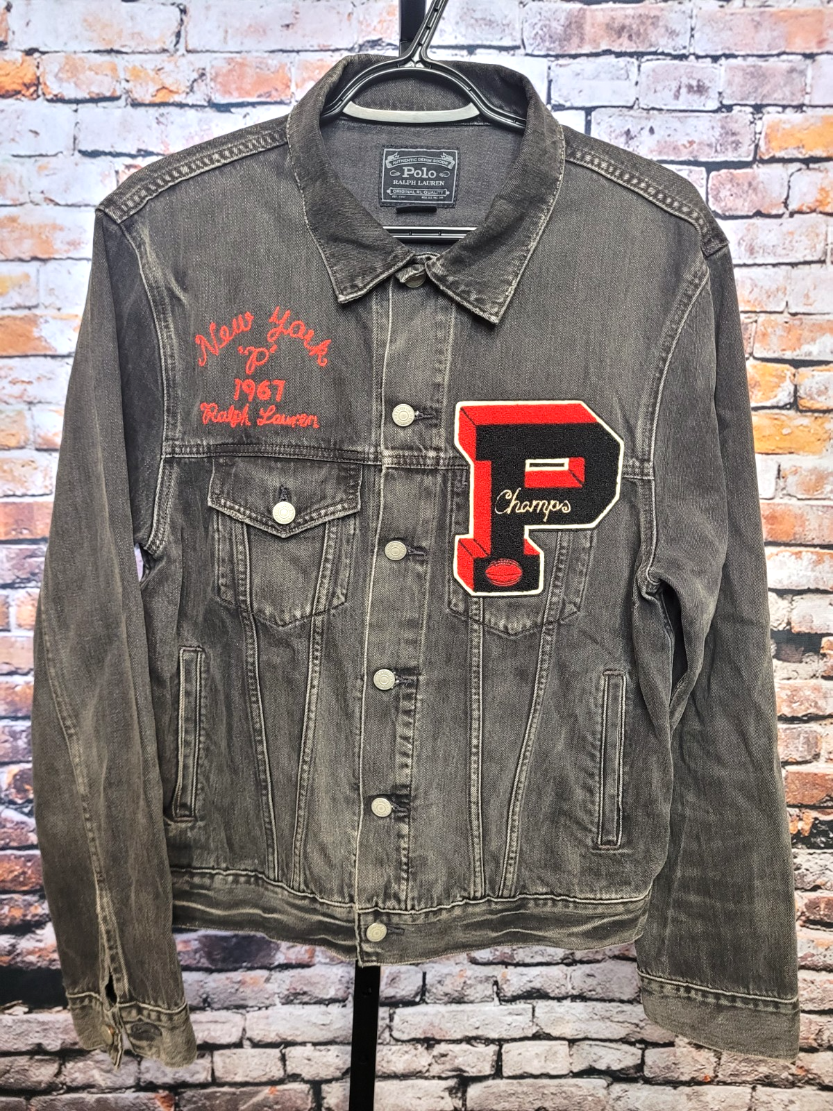 Polo Ralph Lauren Varsity Football Bulldog Denim Jacket  Medium Tough Timeless
