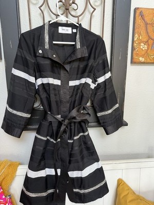 Per De By Carlisle Vintage Black White Striped Belted Jacket Snap Buttons Sz 12