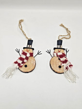 Set of 2 Rustic Wood Snowman Christmas Tree Ornaments Farmhouse Country Decor