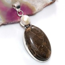 Long Fossil Coral Pearl 925 Silver Plated Pendant 2.2