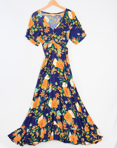 Sanctum Womens Maxi Dress Size M Ink Blue Orange Floral Empire Waist Fit & Flare