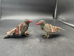 Vintage Pair Tibetan Nepal Turquoise Stone Coral & Brass Inlay Bird Figurines