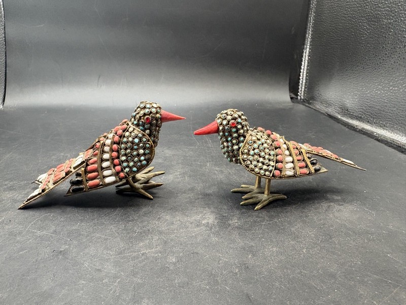 Vintage Pair Tibetan Nepal Turquoise Stone Coral & Brass Inlay Bird Figurines