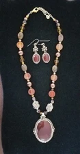 Barse Carnelian Pendant Multi Color Beaded Stones Bronzed Necklace & Earrings
