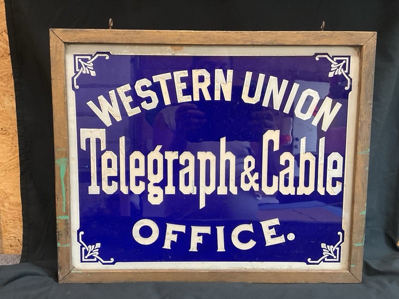 Antique Reverse Painting On Glass Western Union Telegraph & Cable Office Sign