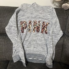 Victoria's Secret PINK Pullover Sweatshirt Gray Leopard Logo Women's