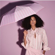 VICTORIA'S SECRET Iconic Stripe Rain Umbrella Logo Retractable Strap Pink/White
