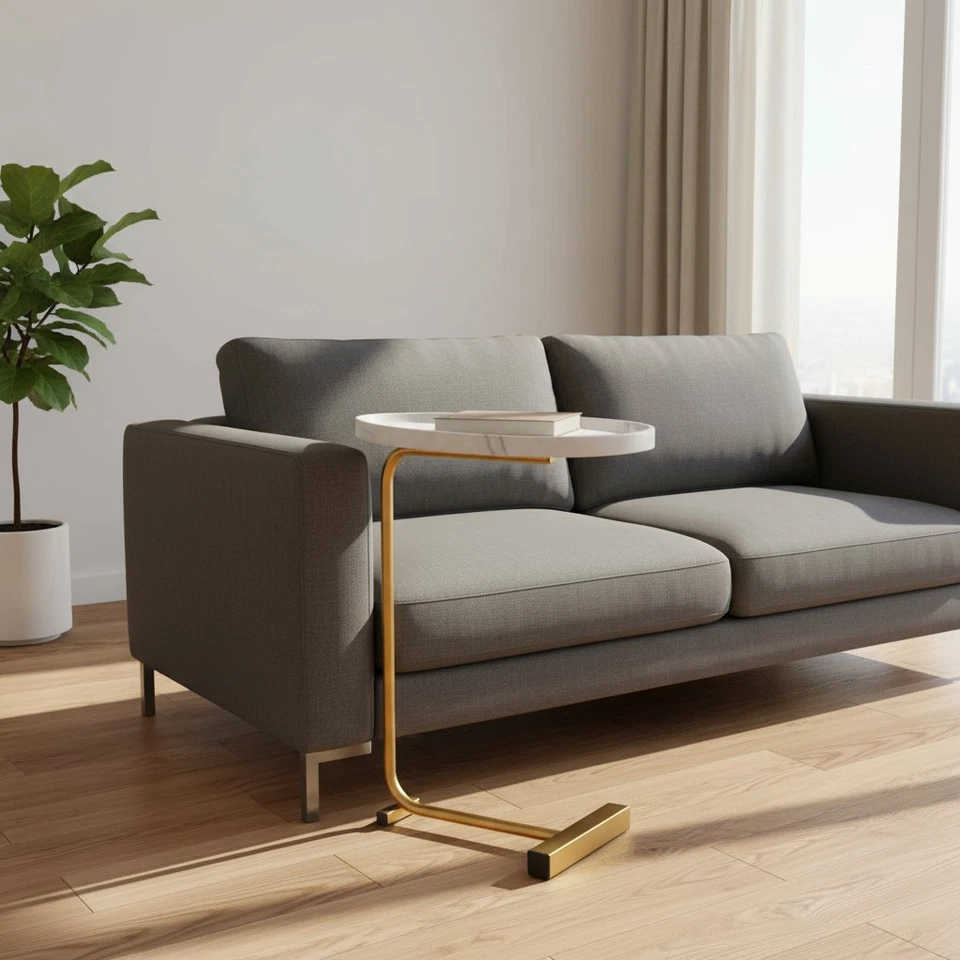 Set of Two White and Gold Faux Marble and Metal Oval End Tables - Image 2 of 4