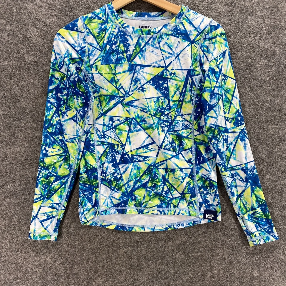 Lands' End Swimming Top Girls L Large Blue Geometric Crew Neck Long Sleeve - Image 4 of 4
