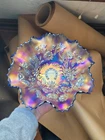 Pretty Blue Northwood Carnival Glass Good Luck Ruffled Bowl