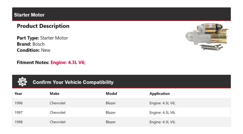 For 1996-1998 Chevrolet Blazer 4.3L V6 Bosch Starter (New) 1997 - Image 2 of 4