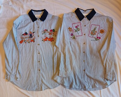 2 Womens XL Embroidered FALL Button Up Shirt SCARCROW Flower PUMPKIN Casey & Max