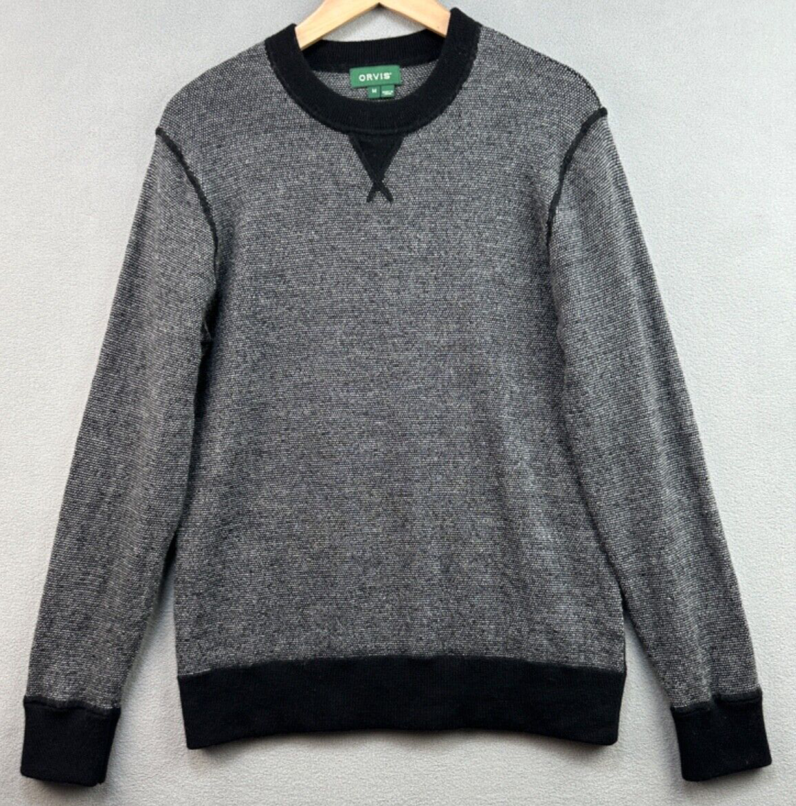 Orvis Sweater Birdseye Mens Medium Black Gray 100% Merino Wool Ribbed  Collar Hem