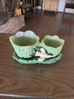 Vintage McCoy Pottery Green Double Tulip yellow bird Flower Pot Planter