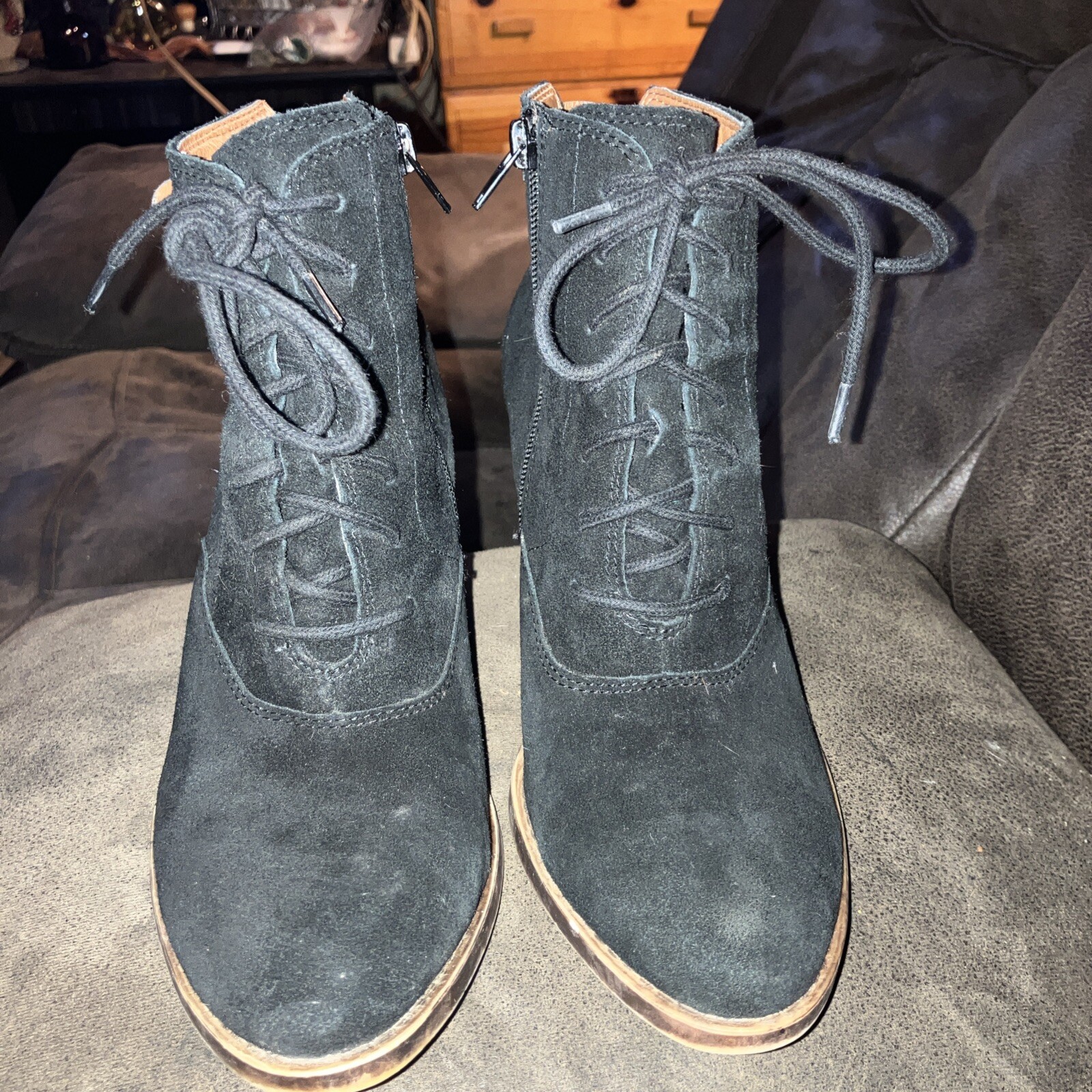 Lucky Brand EchoH Ankle Booties Sz 8.5 Black Suede Chunky Heel Lace/Zip Up