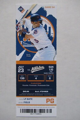 NEW YORK METS VS OAKLAND ATHLETICS 7/23/2017 FULL TICKET ~ DAVID WRIGHT