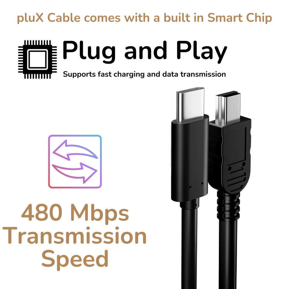 USB C to Mini USB Charger Data Cable Wire Lead for Dashcam Camera Sat Nav PC - Image 3 of 4