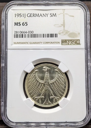 1951-J Germany 5 Mark NGC MS 65