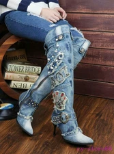 Womens Rhinestones Denim Knee High Boots Pointy Toe Rivet Stilettos Heel Buckle