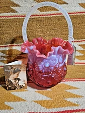 BEAUTIFUL FENTON 10.5" EMBOSSED CRANBERRY FLOWER BASKET LANGUAGE OF LOVE w LABEL