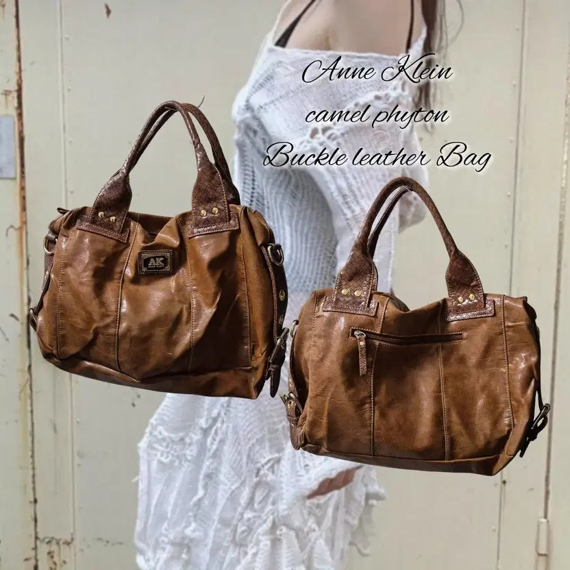 Anne Klein Camel Python Buckle Leather Bag - Vint… - image 1