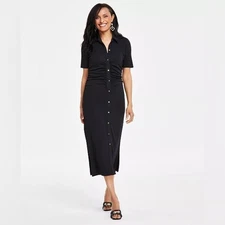 INC International Concepts Black Ruched Short Sleeve Midi Shirtdress XXL
