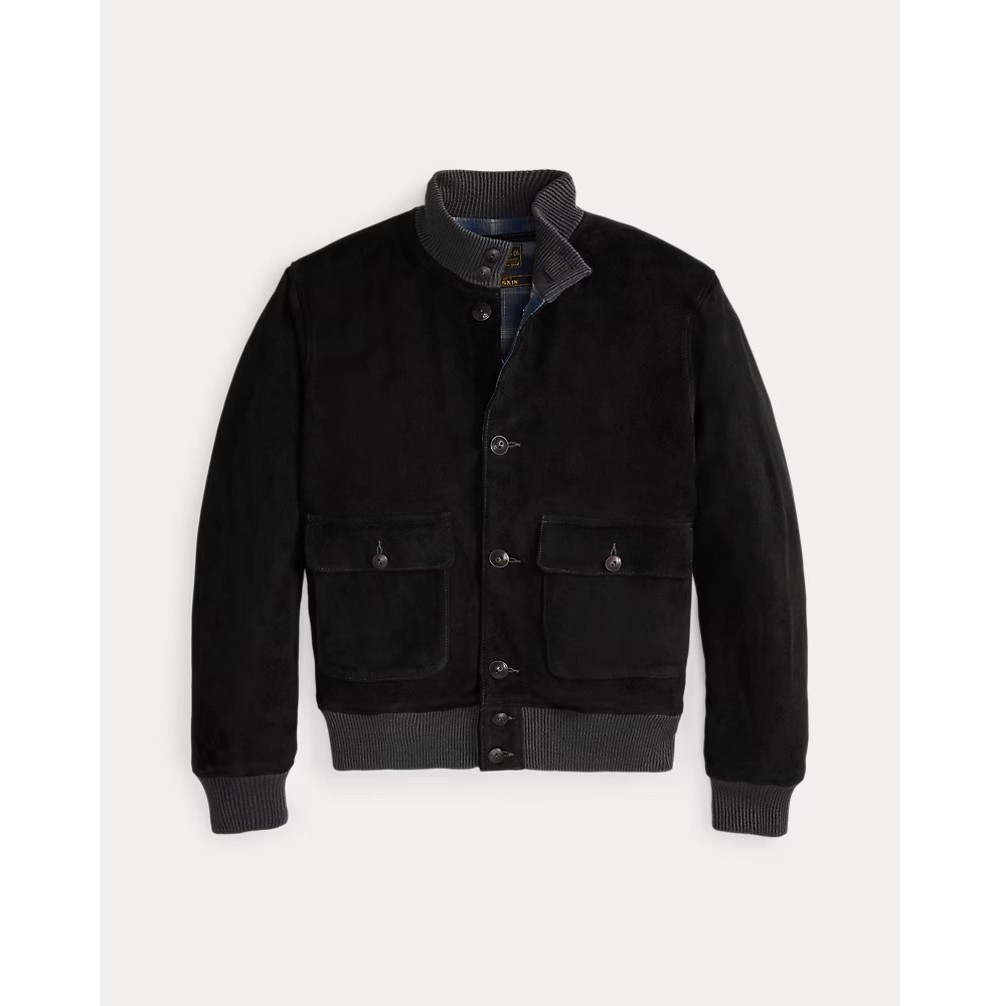 DOUBLERL RRL DEERSKIN”SUEDE LEATHER JKT A+, Size M] RRL Double RL Deerskin Suede A-1 Bomber — Black