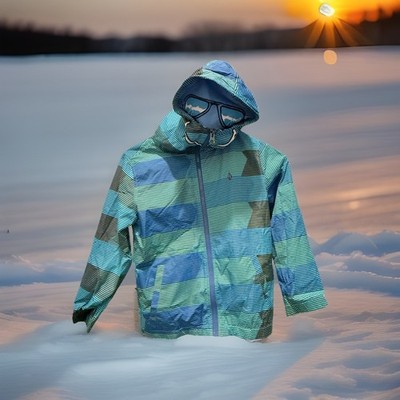   Volcom Kids Hooded Mask Windbreaker Jacket Blue Striped Skate Snow Youth 4/6