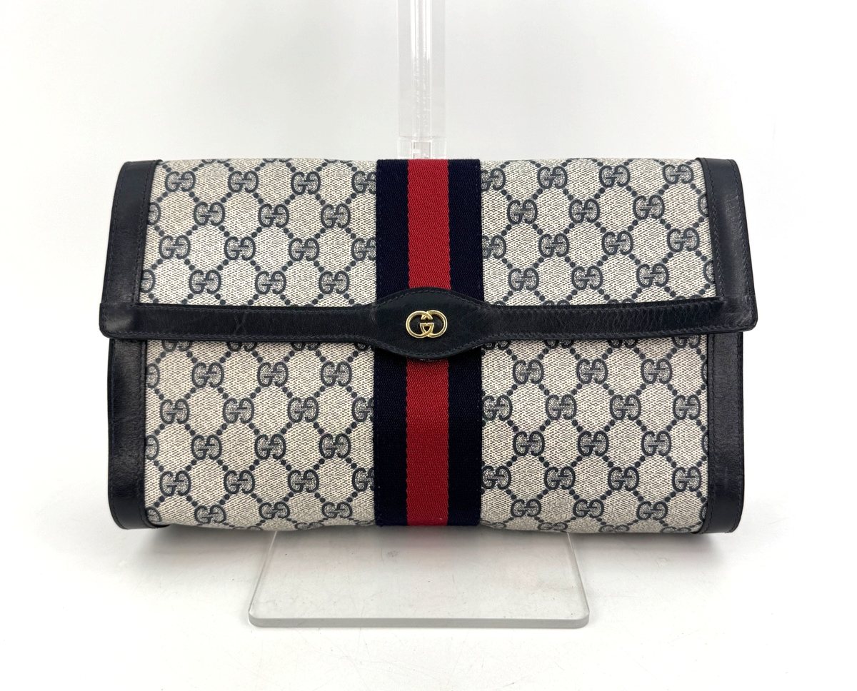 バッグ GUCCI SHERRY LINE GG PATTERN CLUTCH BAG Vintage GUCCI Clutch Bag Sherry Line GG PVC Leather Navy Purse