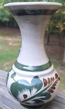Vtg Ceramic Tonala Pottery Vase From Mexico Hand-painted Green Floral Design 7" 