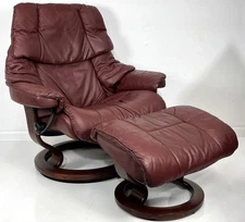 Ekornes Stressless Large RENO Wine Red Leather Swivel Recliner Chair & Ottoman