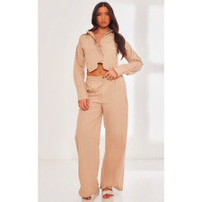 PrettyLittleThing Stone Pinstripe Tailored Wide Leg Trousers Stone NWT Size 6