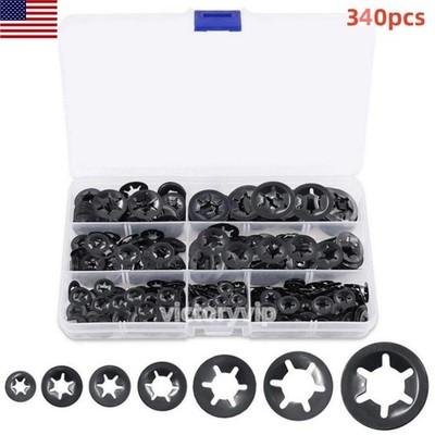 340Pcs Starlock Washer Push on Lock Star Tooth Grab Fastener Clip Lock Assorted