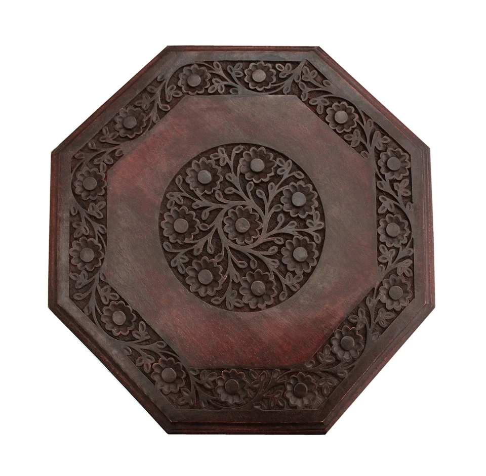 Solid Wood Accent End Table - Hand Carved Vintage Boho Folding Side Table - S... - Image 4 of 4