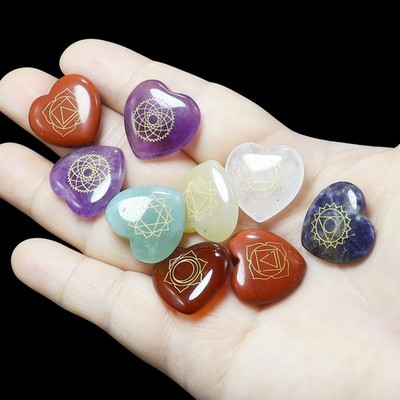 7 Chakra 20mm Heart Gemstone Set with Engraved Chakra Symbols Healing Crystals