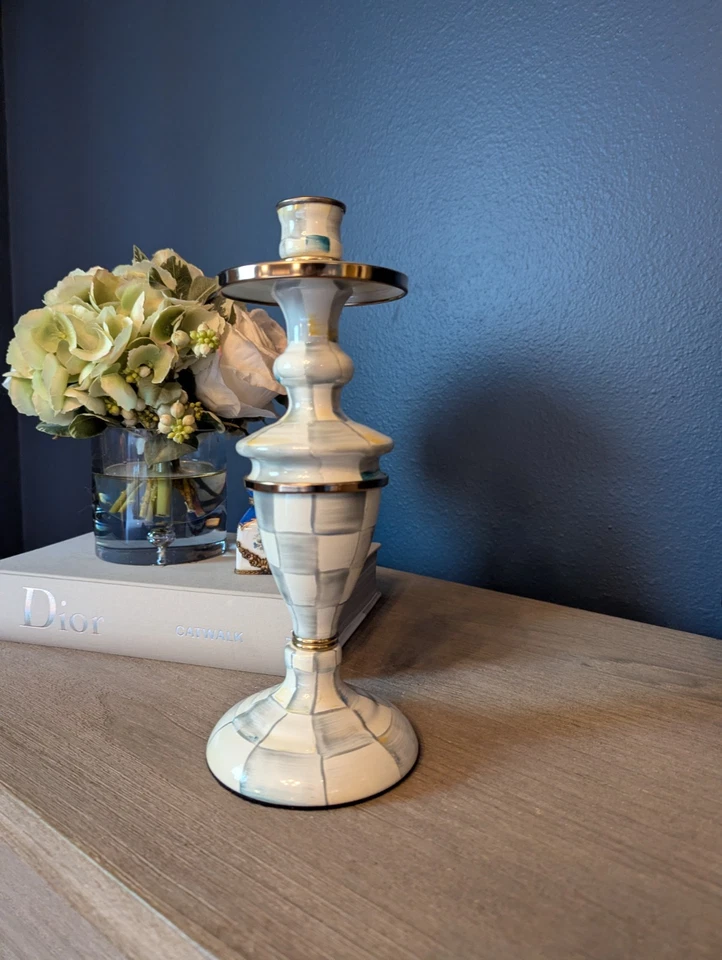 MacKenzie Childs Sterling Check Enameled Candle Holders Candlestick Pair NEW - Image 2 of 4
