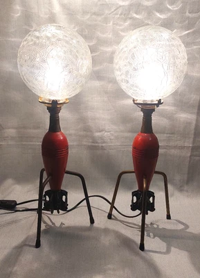 Rare anciennes roquettes montées en lampes, globes en verre craquelé, militaria - Photo 1/4