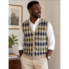 Vintage Boca Classics Argyle Sweater Vest Tan Navy Button Front Mens Large USA