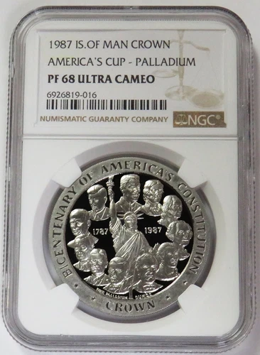 1987 PALLADIUM ISLE OF MAN 1oz NGC PROOF 68 UC USA CONSTITUTION BICENTENNIAL