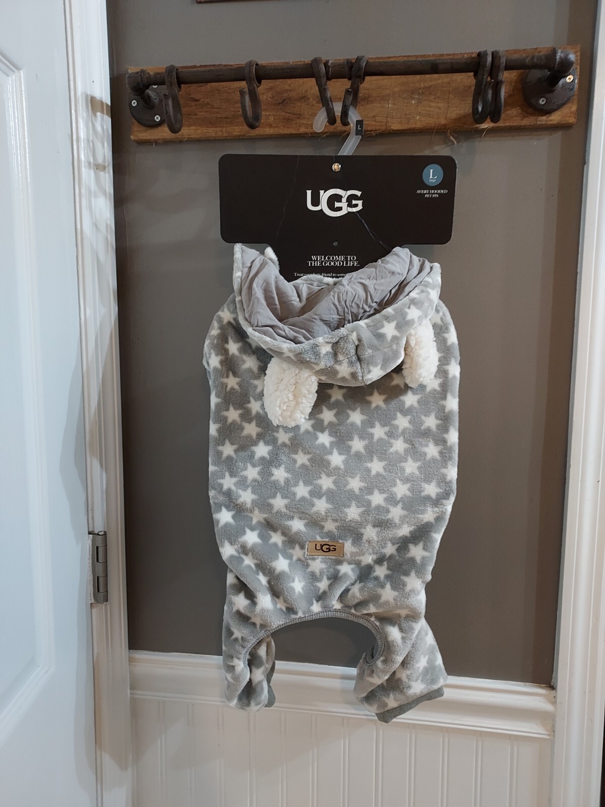 NWT😊UGG Avery Large Glacier Gray Stars Hooded Soft Dog Pajama Sz Large