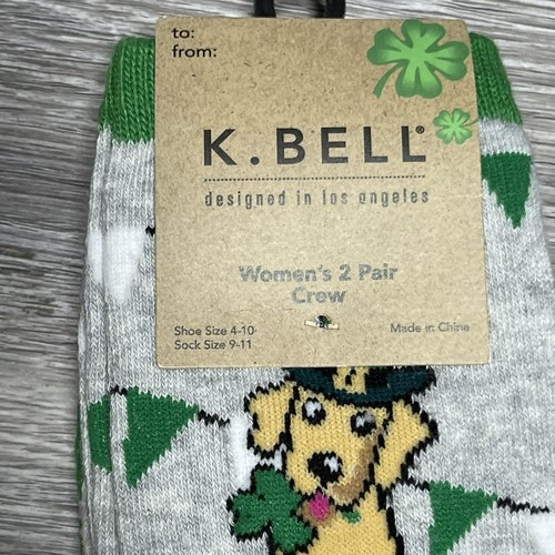 K Bell Women's ST. Patrick's Day 2 PAIR Crew Socks Irish Flag 4 Leaf Clover Dog - Picture 2 of 4