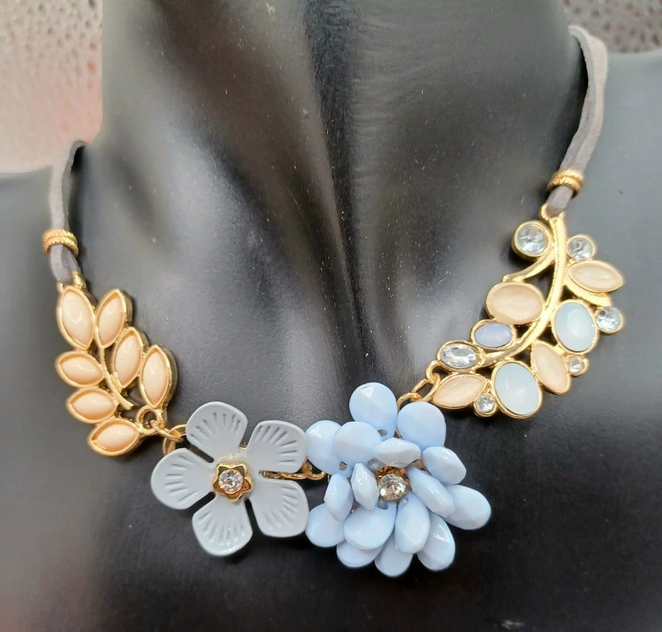Liz Claiborne Floral Necklace Light Blue & Ivory Rhinestone & Enamel Gray Cord - Image 3 of 4