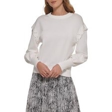 DKNY Long Sleeve Crew Neck Sweater w/Stud Flange Ivory XL