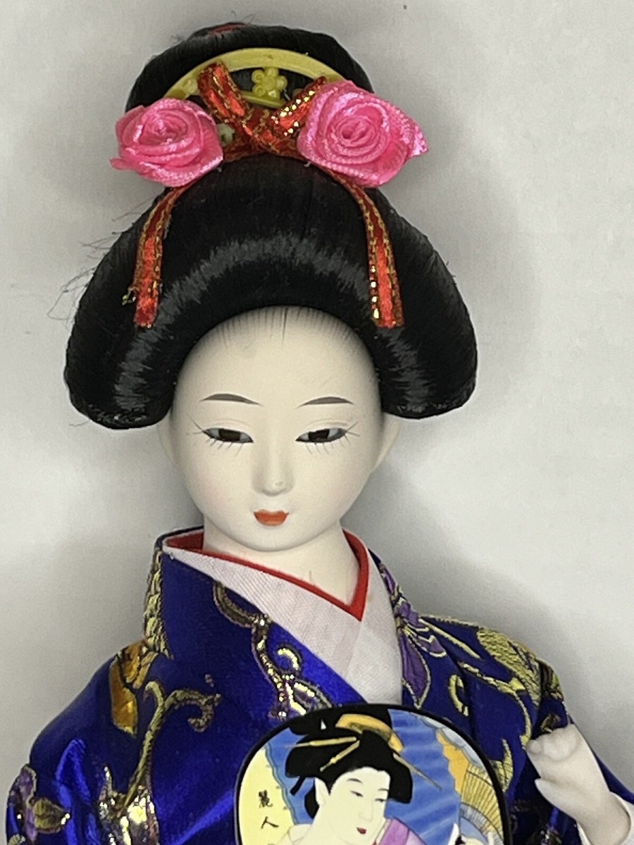 Seated Royal Geisha With Fan Blue White Kimono Japanese Doll Gift