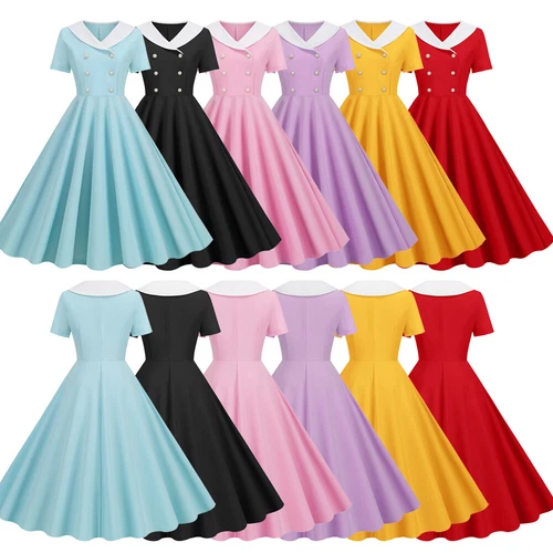 Women's Vintage 1950s Rockabilly Hepburn Cocktail Evening Swing Party Dress UK - Picture 24 of 39